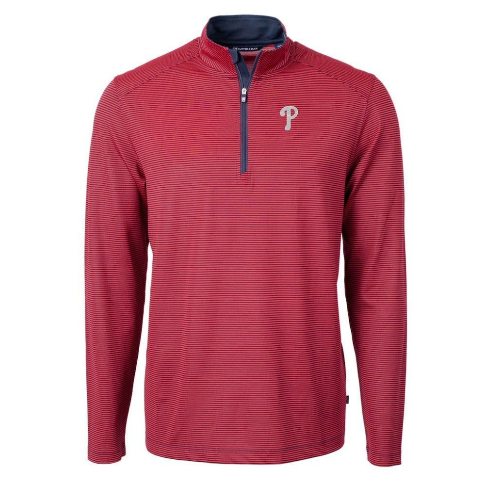 Philadelphia Phillies Cutter & Buck Virtue Eco Pique Micro Stripe Recycled Quarter-Zip Pullover Top - Red/Navy Pullover