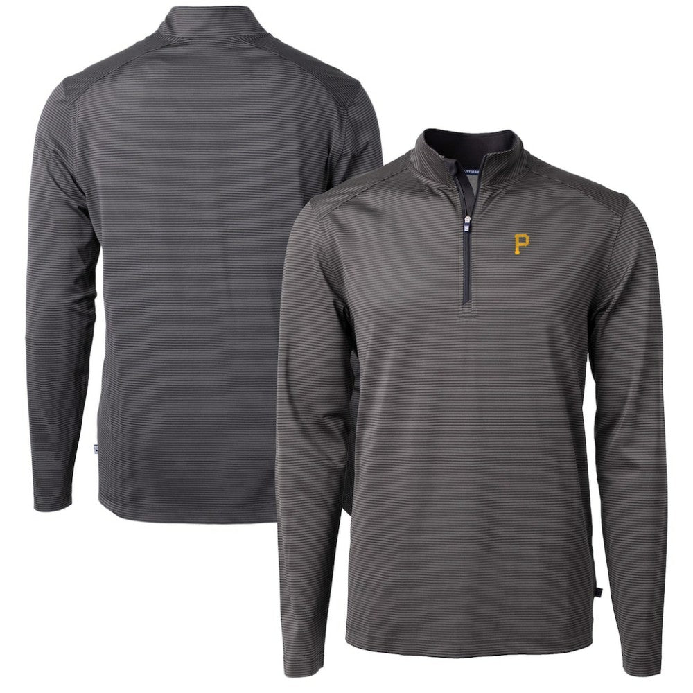Pittsburgh Pirates Cutter & Buck Virtue Eco Pique Micro Stripe Recycled Quarter-Zip Pullover Top - Black/Gray Pullover
