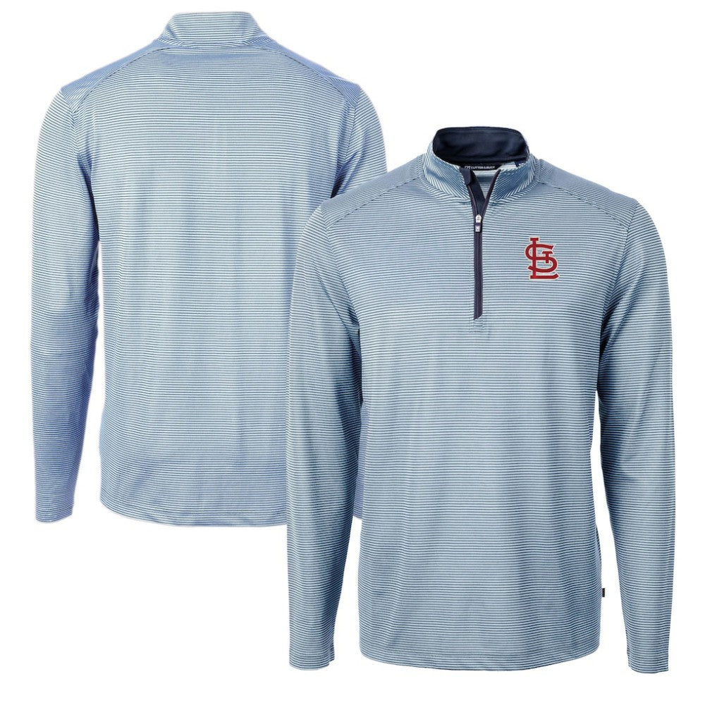 St. Louis Cardinals Cutter & Buck Virtue Eco Pique Micro Stripe Recycled Quarter-Zip Pullover Top - Light Blue/Navy Pullover