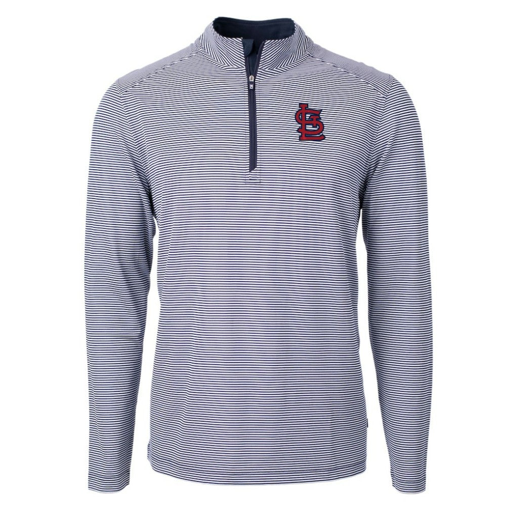 St. Louis Cardinals Cutter & Buck Virtue Eco Pique Micro Stripe Recycled Quarter-Zip Pullover Top - Navy/White Pullover