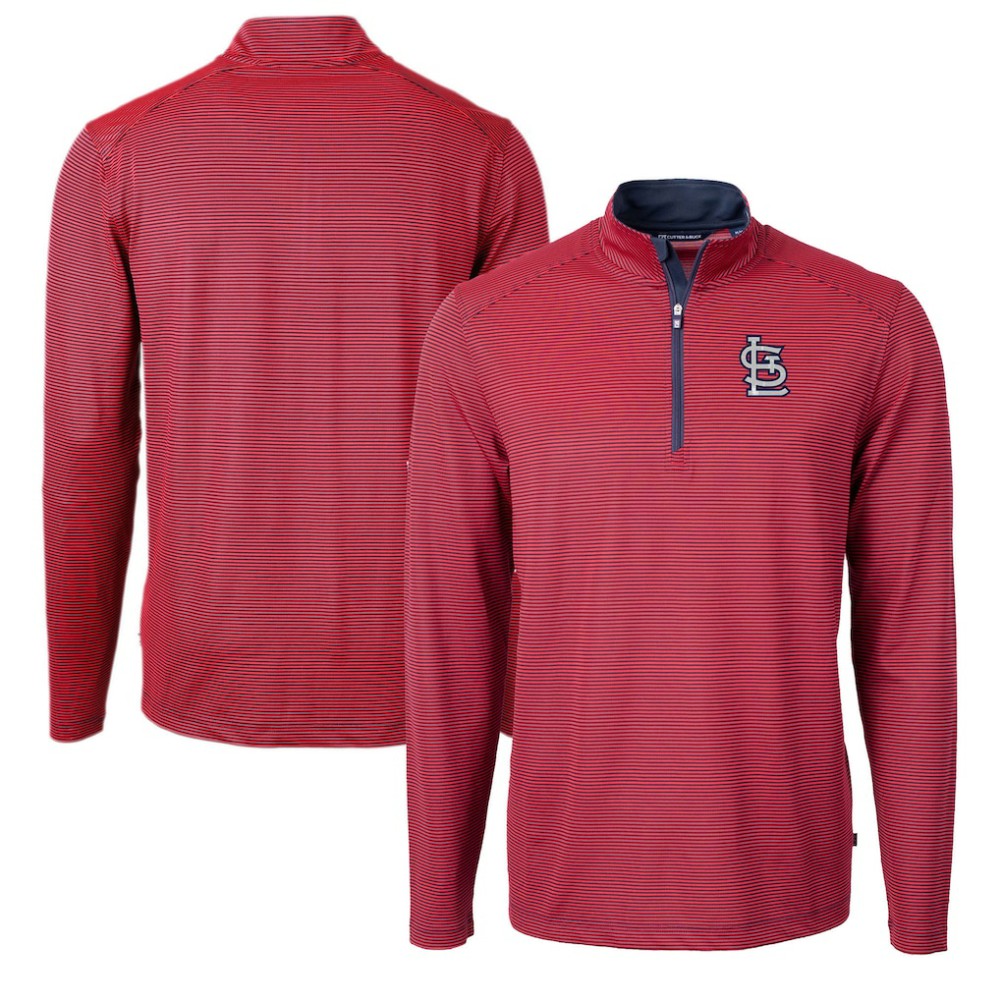 St. Louis Cardinals Cutter & Buck Virtue Eco Pique Micro Stripe Recycled Quarter-Zip Pullover Top - Red/Navy Pullover