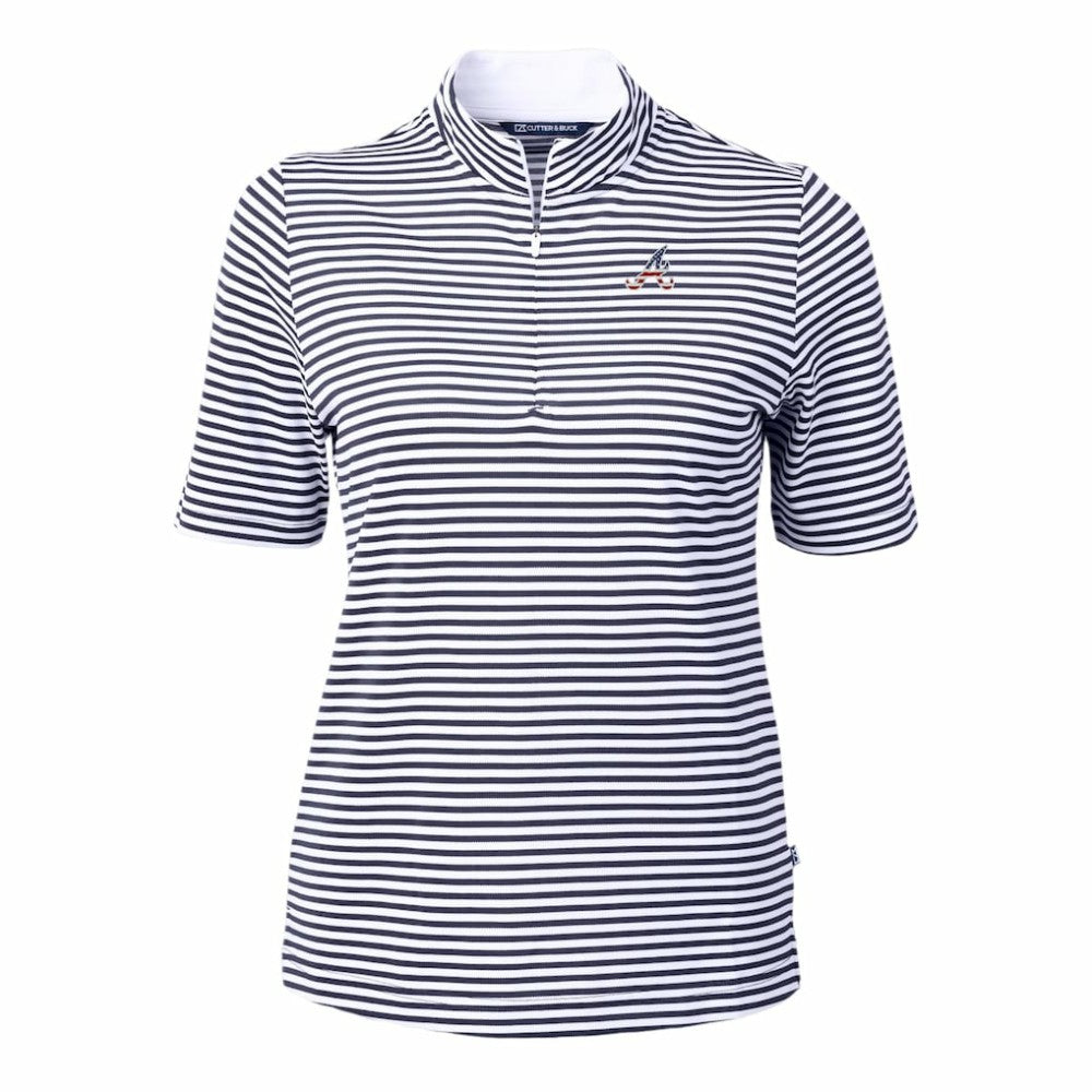 Atlanta Braves Cutter & Buck Women's Virtue Eco Pique Stripe Recycled Quarter-Zip Pullover Top - Navy Pullover