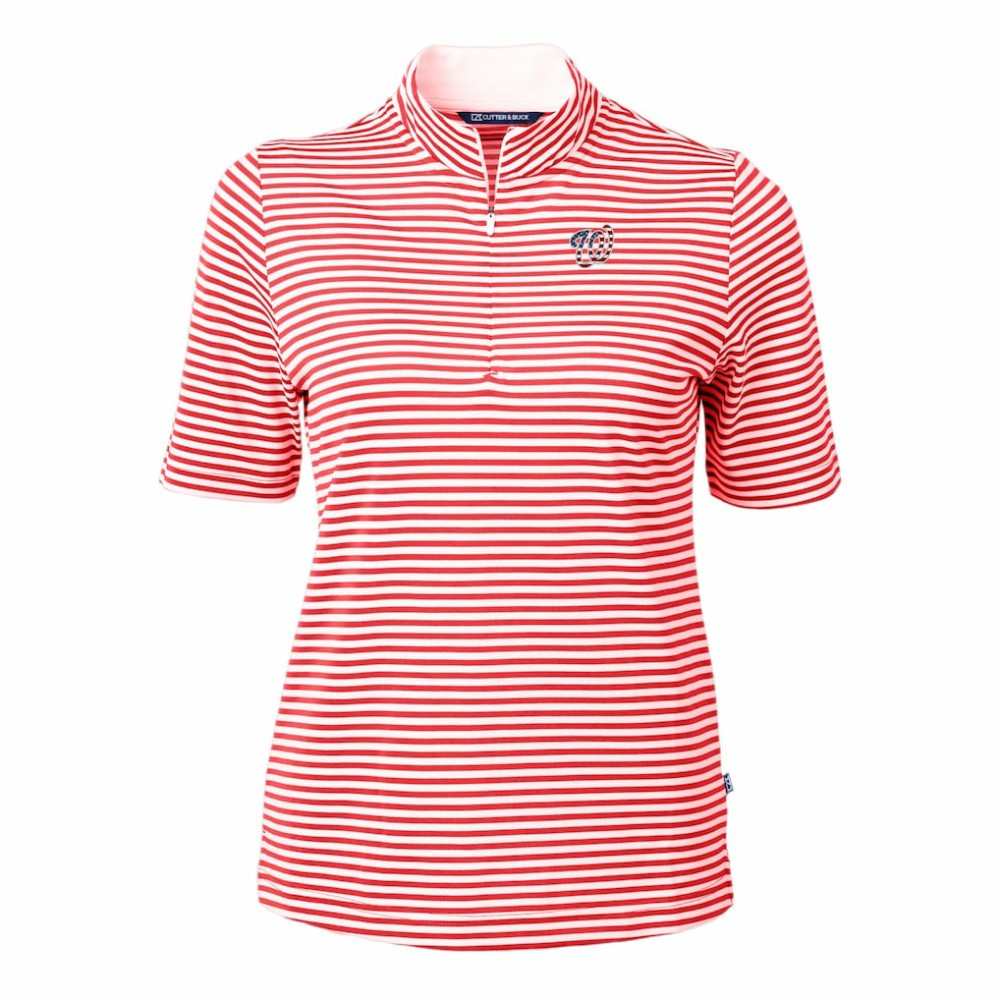 Washington Nationals Cutter & Buck Women's Virtue Eco Pique Stripe Recycled Quarter-Zip Pullover Top - Red Pullover