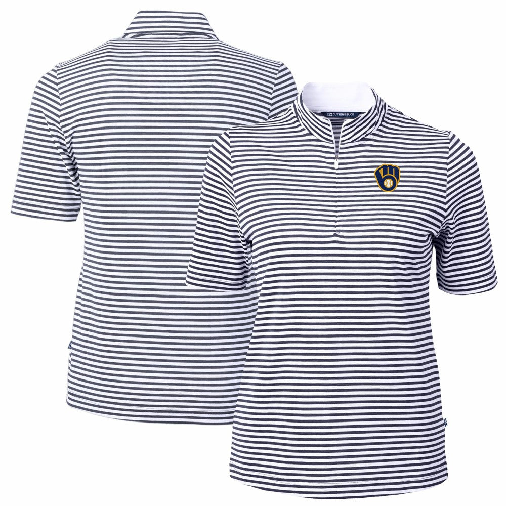Milwaukee Brewers Cutter & Buck Women's Virtue Eco Pique Stripe Top - Navy Tops
