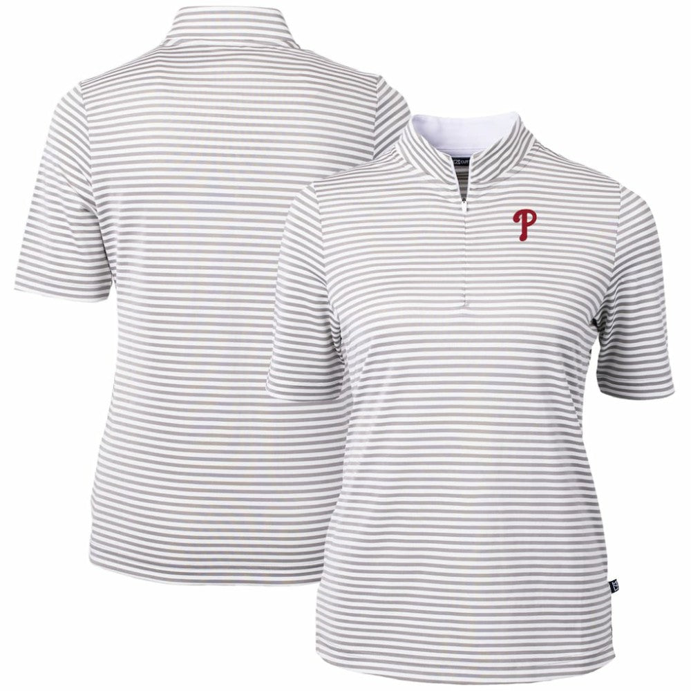 Philadelphia Phillies Cutter & Buck Women's Virtue Eco Pique Stripe Top - Gray Tops
