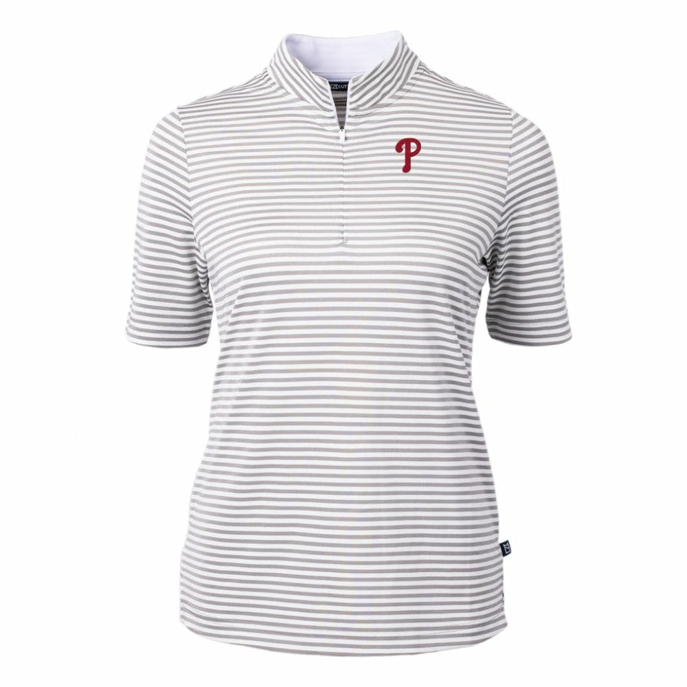 Philadelphia Phillies Cutter & Buck Women's Virtue Eco Pique Stripe Top - Gray Tops