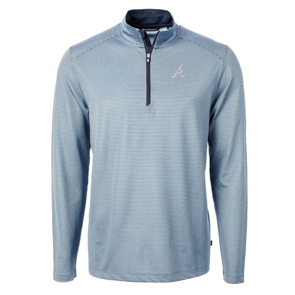 Atlanta Braves Cutter & Buck Virtue Eco Pique Micro Stripe Big & Tall Recycled Quarter-Zip Pullover Top - Light Blue/Navy Pullover