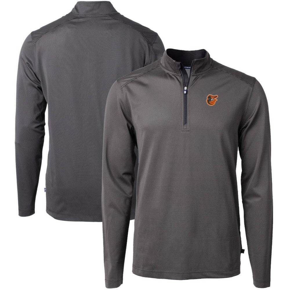 Baltimore Orioles Cutter & Buck Virtue Eco Pique Micro Stripe Big & Tall Recycled Quarter-Zip Pullover Top - Black/Gray Pullover