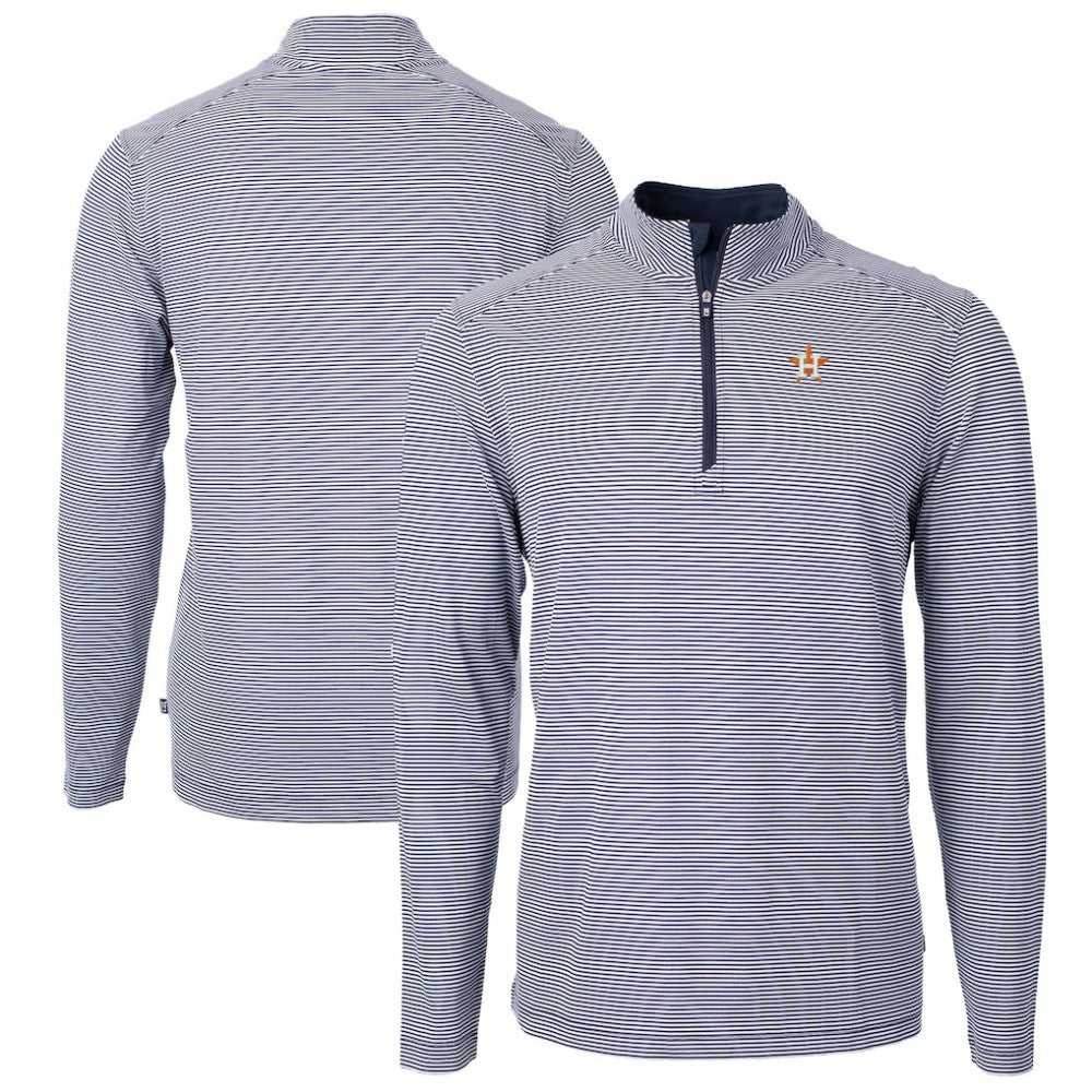 Houston Astros Cutter & Buck Virtue Eco Pique Micro Stripe Big & Tall Recycled Quarter-Zip Pullover Top - Navy/White Pullover