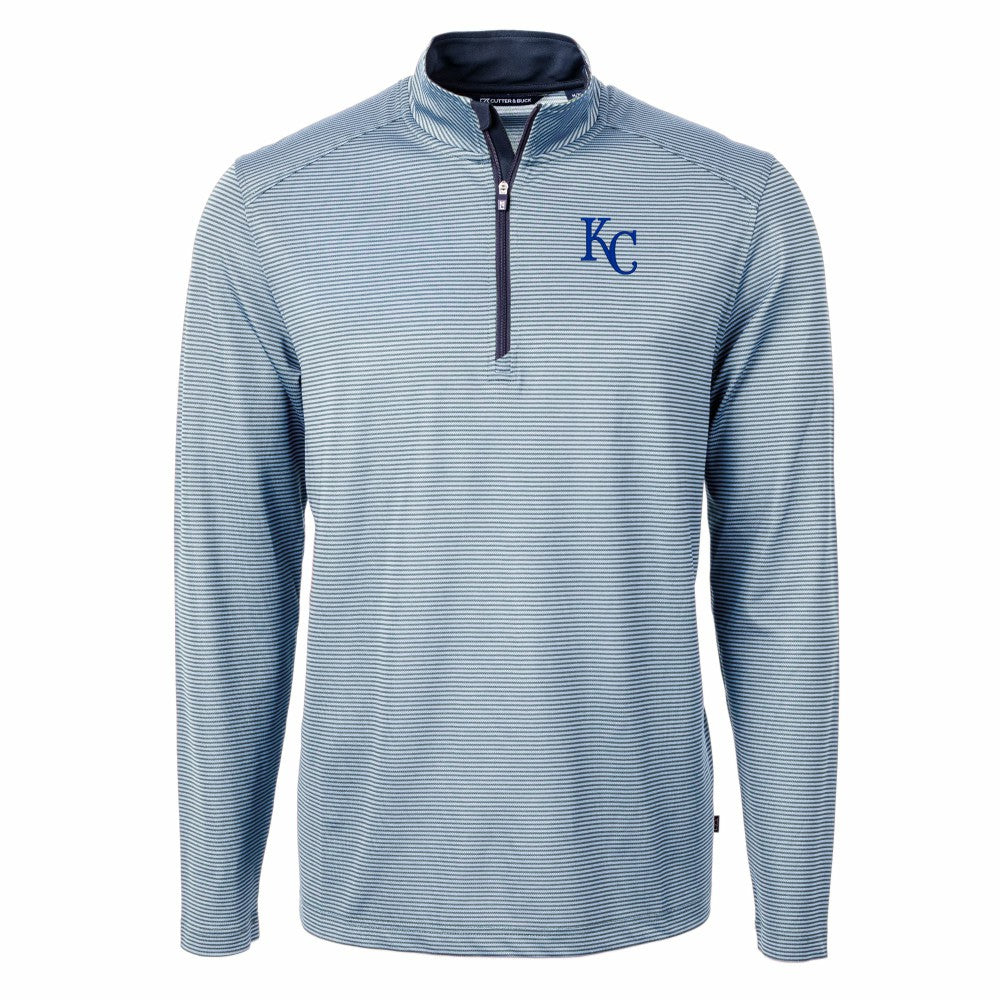 Kansas City Royals Cutter & Buck Virtue Eco Pique Micro Stripe Big & Tall Recycled Quarter-Zip Pullover Top - Light Blue/Navy Pullover