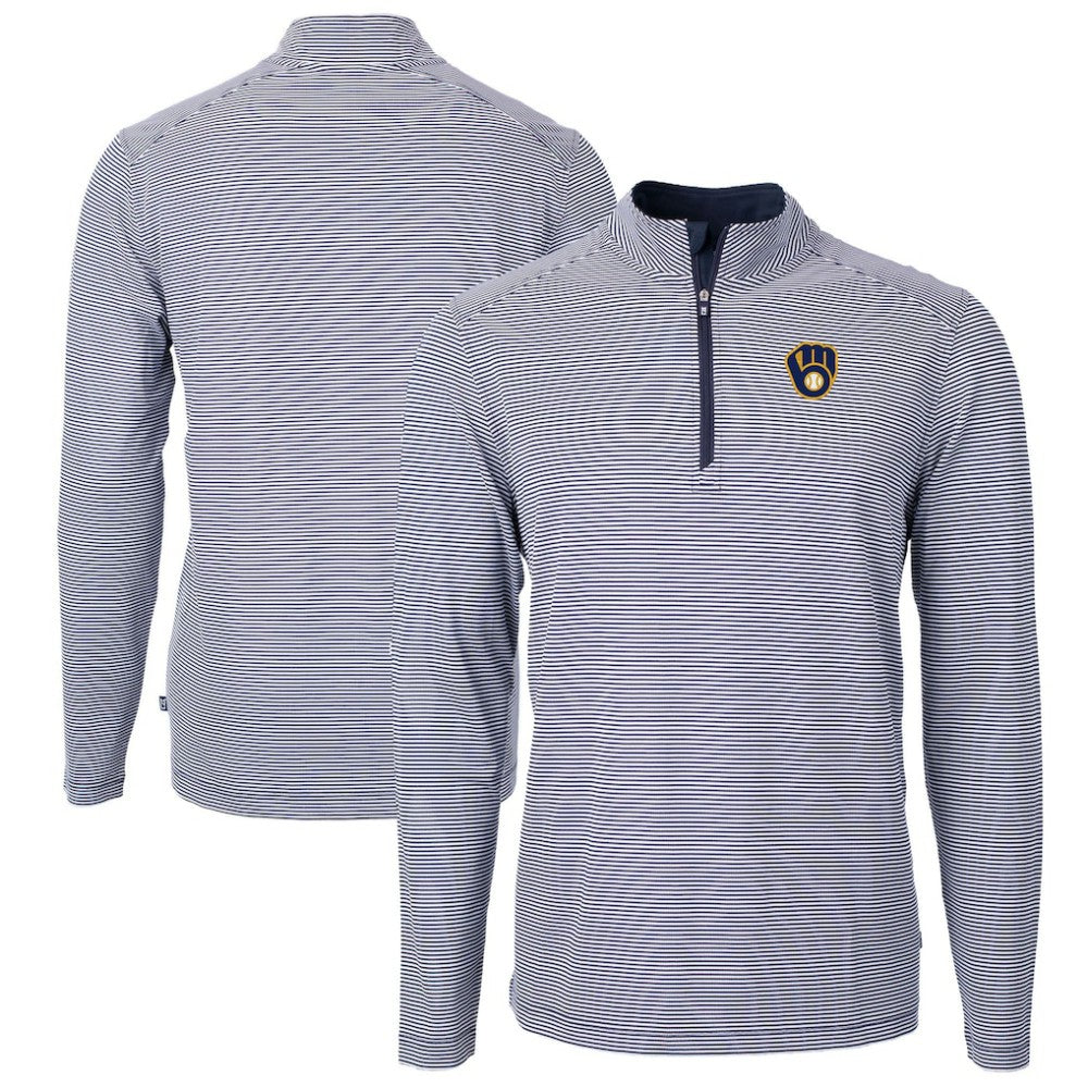 Milwaukee Brewers Cutter & Buck Virtue Eco Pique Micro Stripe Big & Tall Recycled Quarter-Zip Pullover Top - Navy/White Pullover