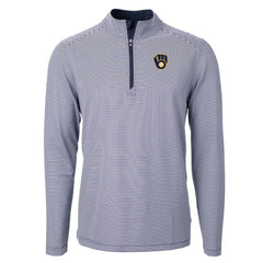 Milwaukee Brewers Cutter & Buck Virtue Eco Pique Micro Stripe Big & Tall Recycled Quarter-Zip Pullover Top - Navy/White Pullover