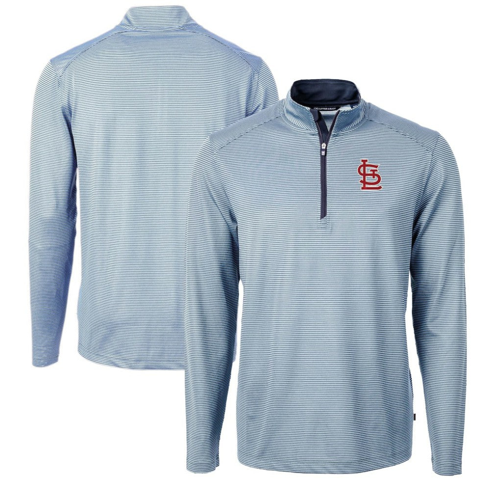 St. Louis Cardinals Cutter & Buck Virtue Eco Pique Micro Stripe Big & Tall Recycled Quarter-Zip Pullover Top - Light Blue/Navy Pullover