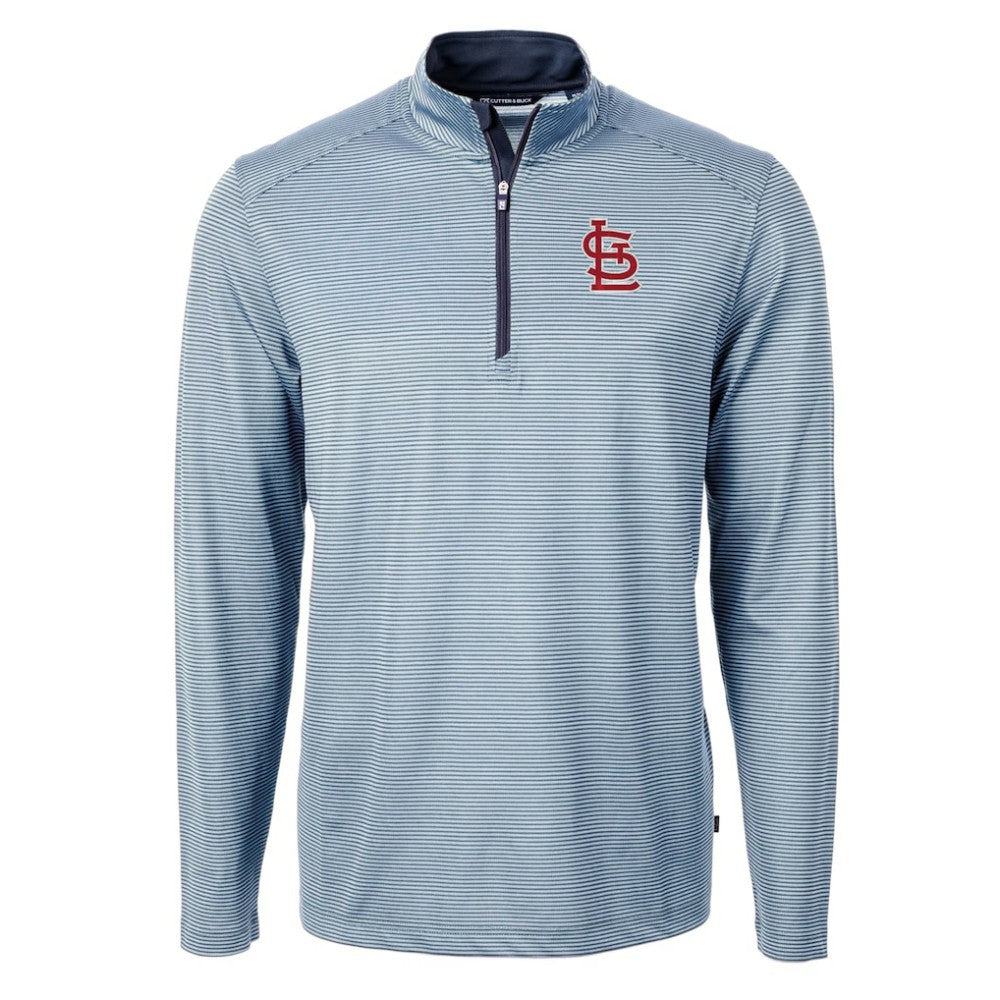 St. Louis Cardinals Cutter & Buck Virtue Eco Pique Micro Stripe Big & Tall Recycled Quarter-Zip Pullover Top - Light Blue/Navy Pullover
