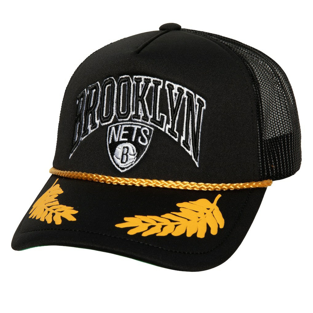 Brooklyn Nets Hardwood Classics Gold Leaf Mesh Trucker Snapback Hat Black - Mitchell & Ness