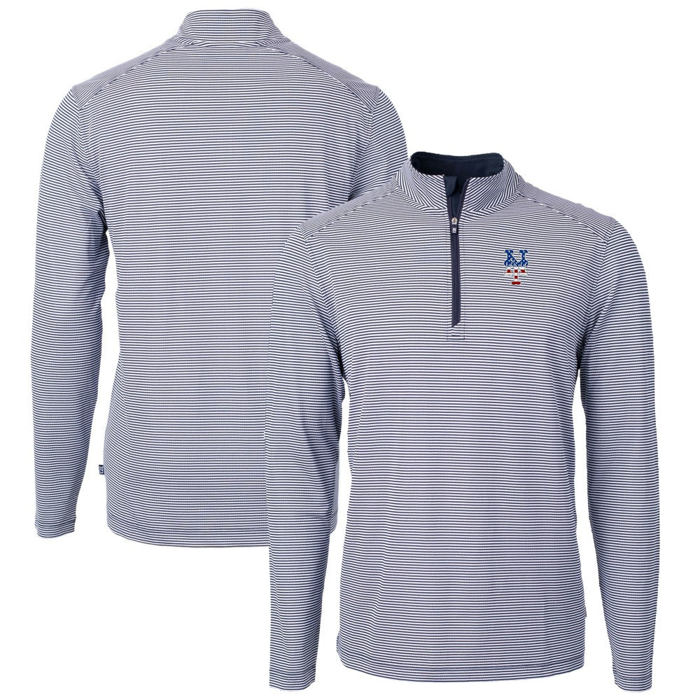 New York Mets Cutter & Buck Americana Logo Virtue Eco Pique Stripe Recycled Quarter-Zip Pullover Top - Navy Pullover