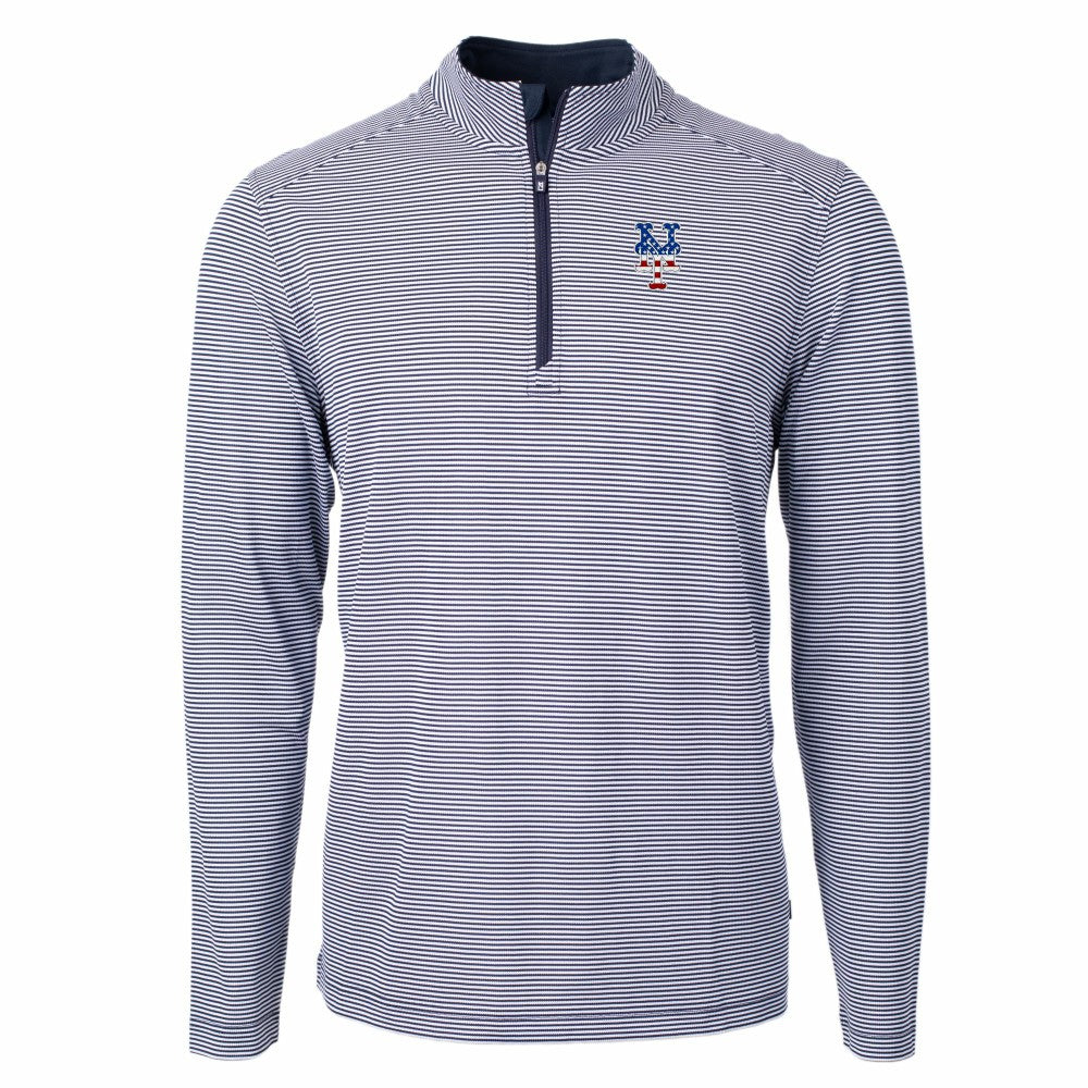 New York Mets Cutter & Buck Americana Logo Virtue Eco Pique Stripe Recycled Quarter-Zip Pullover Top - Navy Pullover
