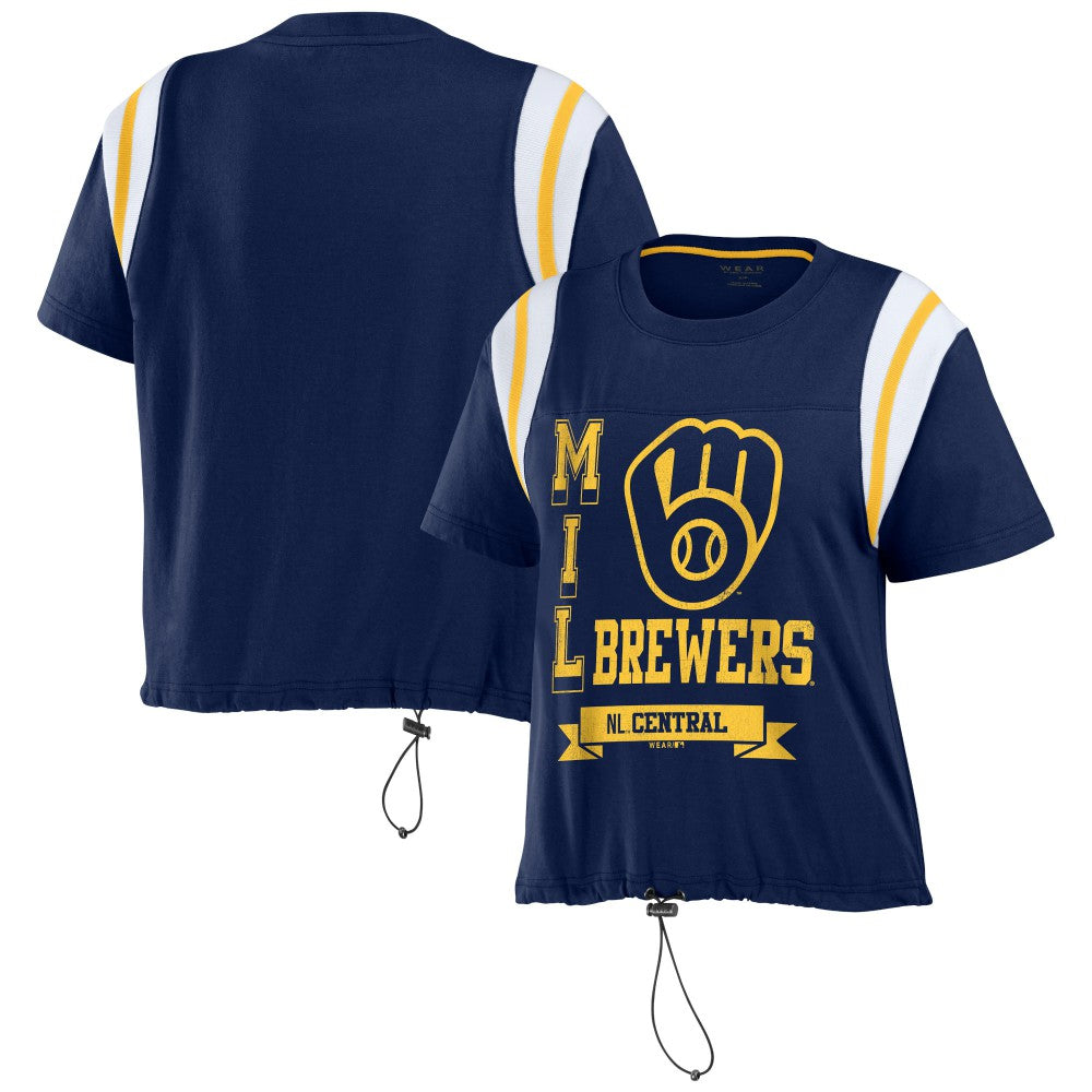 Milwaukee Brewers WEAR by Erin Andrews Women's Cinched Colorblock T-Shirt - Navy T-shirts