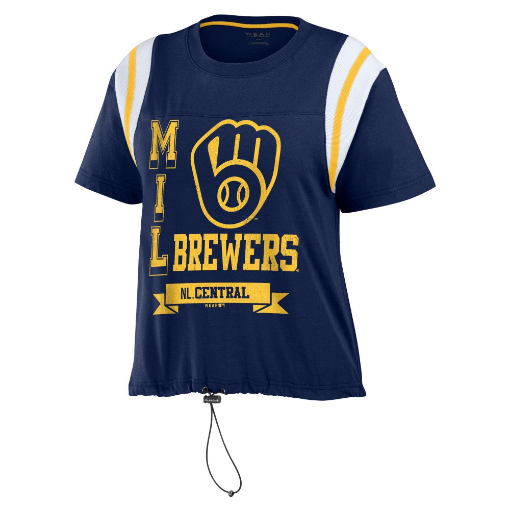 Milwaukee Brewers WEAR by Erin Andrews Women's Cinched Colorblock T-Shirt - Navy T-shirts