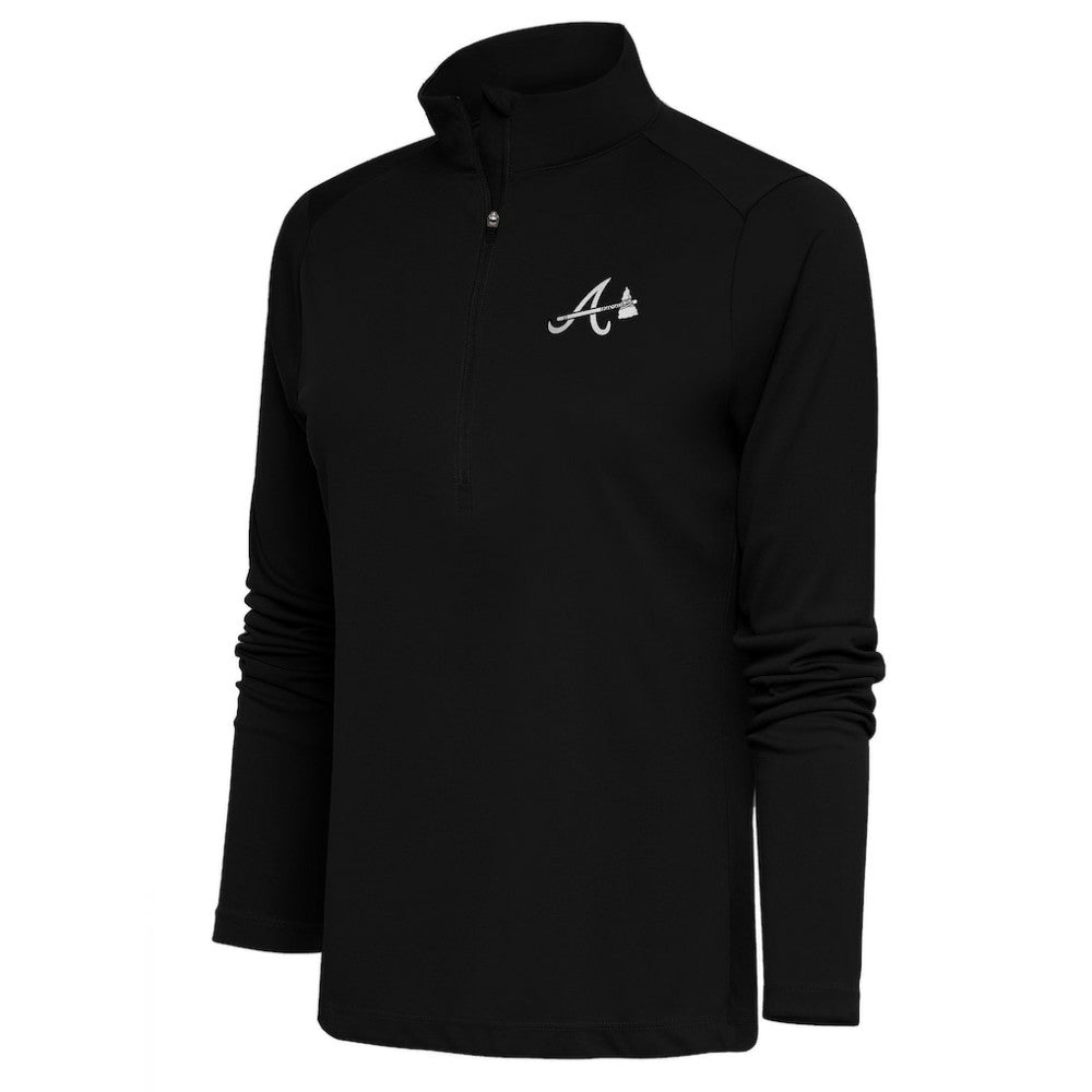 Atlanta Braves Antigua Women's Brushed Metallic Tribute Half-Zip Pullover Top - Black Pullover