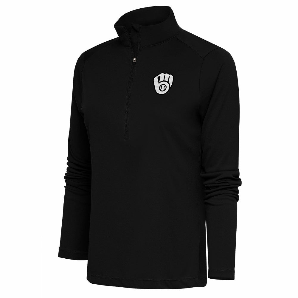 Milwaukee Brewers Antigua Women's Brushed Metallic Tribute Half-Zip Pullover Top - Black Pullover