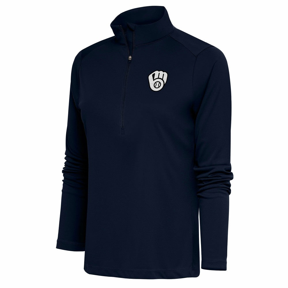 Milwaukee Brewers Antigua Women's Brushed Metallic Tribute Half-Zip Pullover Top - Navy Pullover