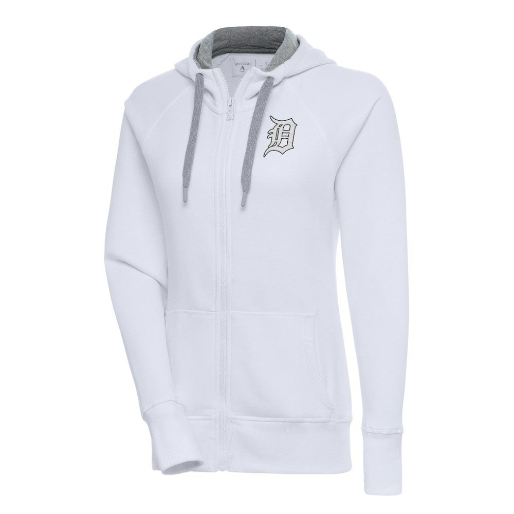 Detroit Tigers Antigua Women's Brushed Metallic Victory Full-Zip Hoodie - White Hoodies