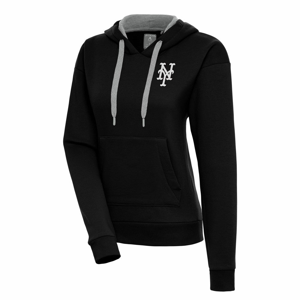 New York Mets Antigua Women's Brushed Metallic Victory Pullover Hoodie - Black Hoodies