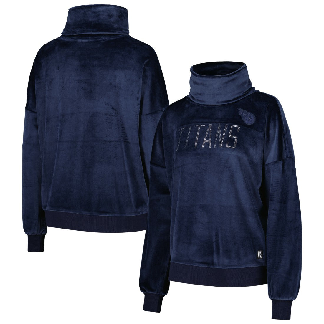Tennessee Titans DKNY Sport Women's Deliliah Rhinestone Funnel Neck Pullover Sweatshirt - Navy Pullover
