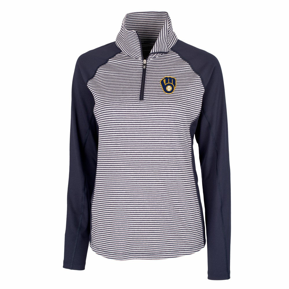 Milwaukee Brewers Cutter & Buck Women's DryTec Forge Tonal Stripe Half-Zip Top - Navy Tops