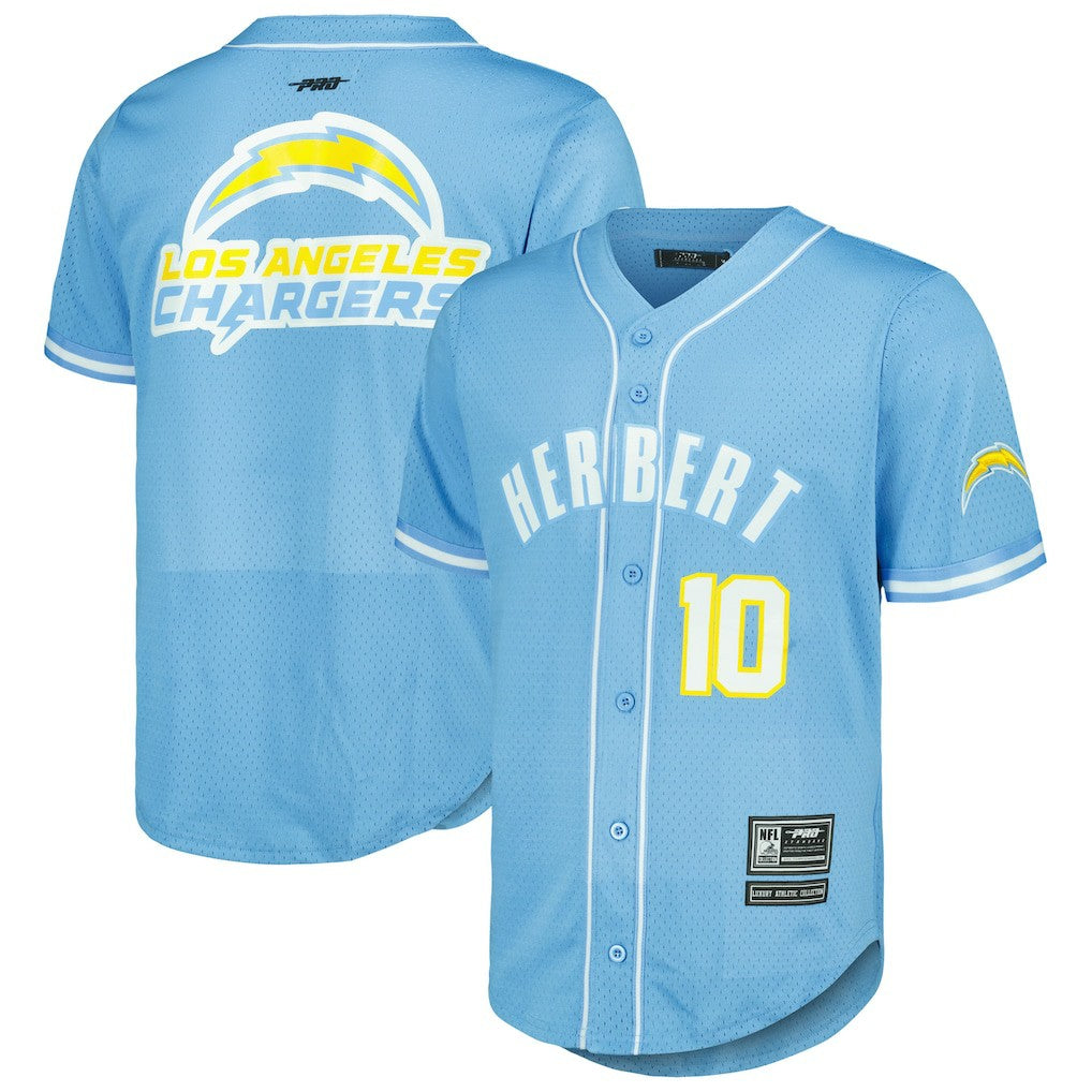 Justin Herbert Los Angeles Chargers Pro Standard Mesh Baseball Button-Up T-Shirt - Powder Blue T-shirts