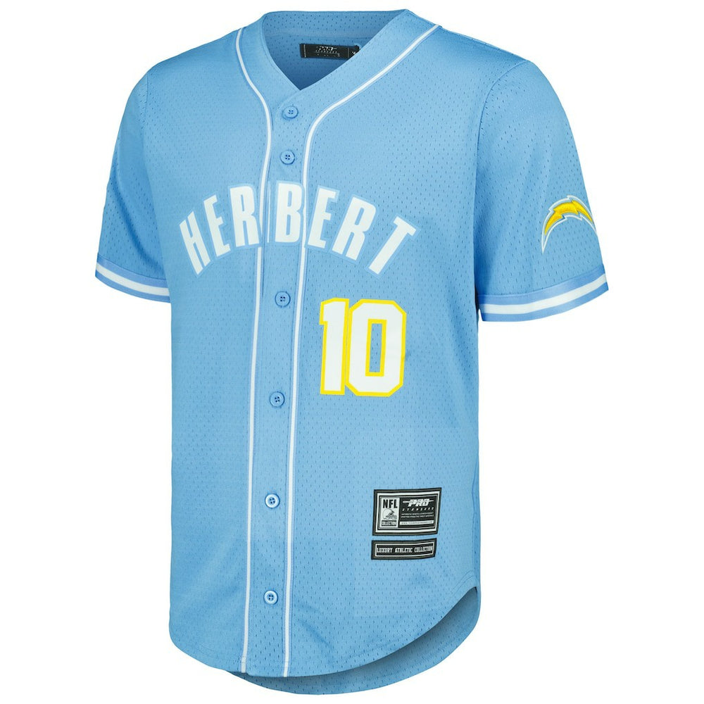 Justin Herbert Los Angeles Chargers Pro Standard Mesh Baseball Button-Up T-Shirt - Powder Blue T-shirts