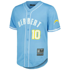 Justin Herbert Los Angeles Chargers Pro Standard Mesh Baseball Button-Up T-Shirt - Powder Blue T-shirts