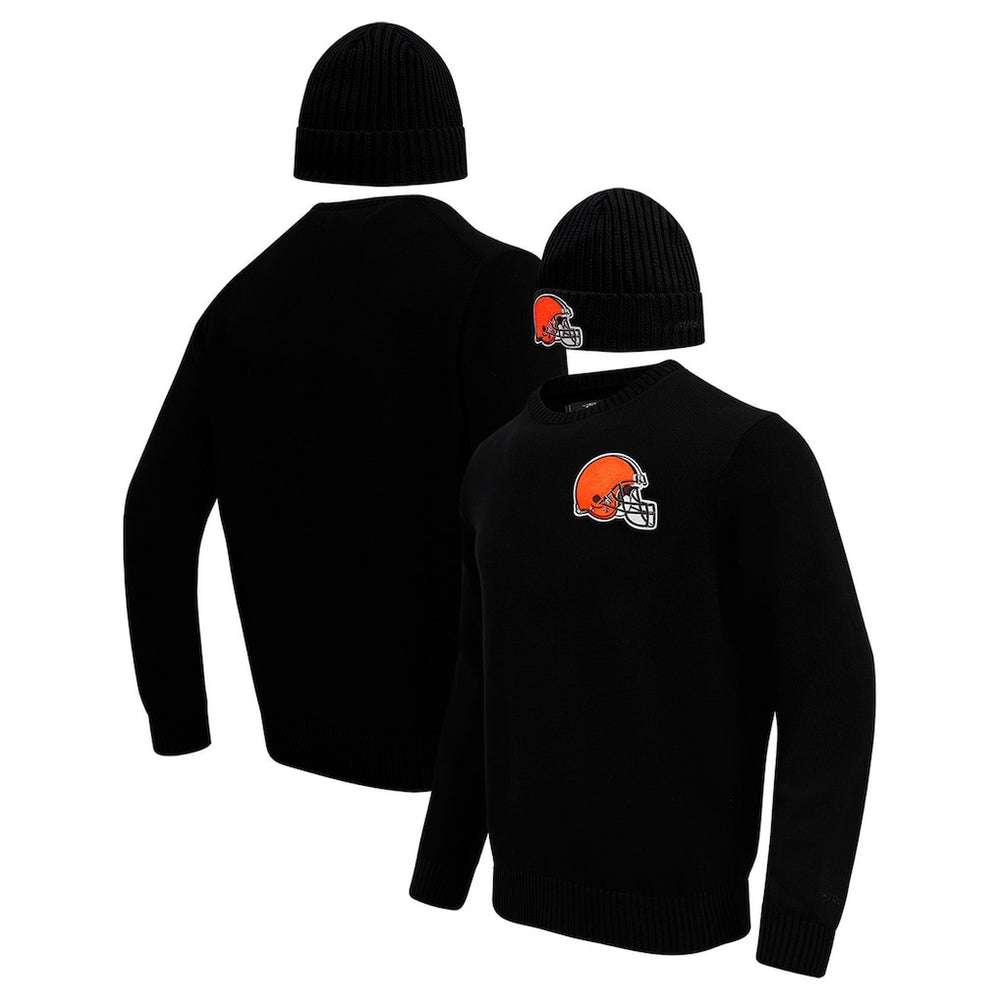 Cleveland Browns Pro Standard Crewneck Pullover Sweater & Cuffed Knit Hat Box Gift Set - Black Hats