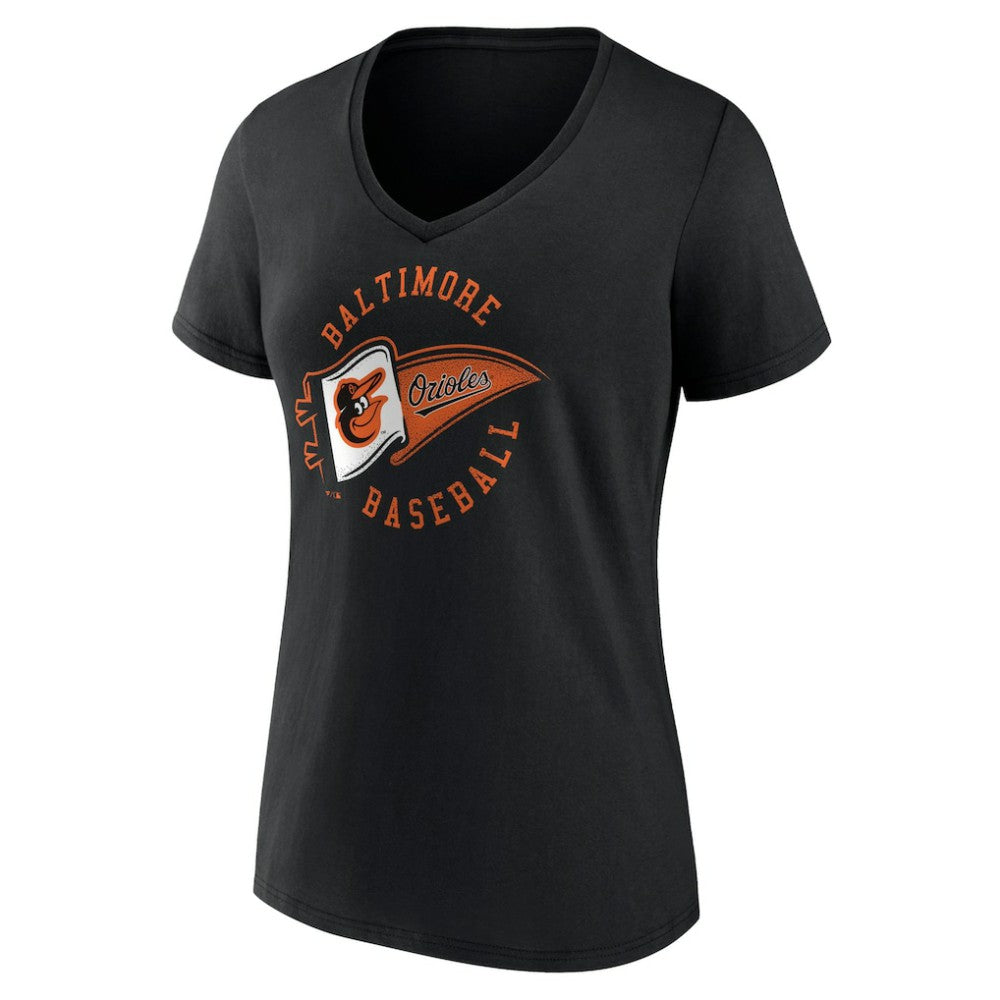 Baltimore Orioles Women's Hometown Baltimore Pennant V-Neck T-Shirt - Black T-shirts