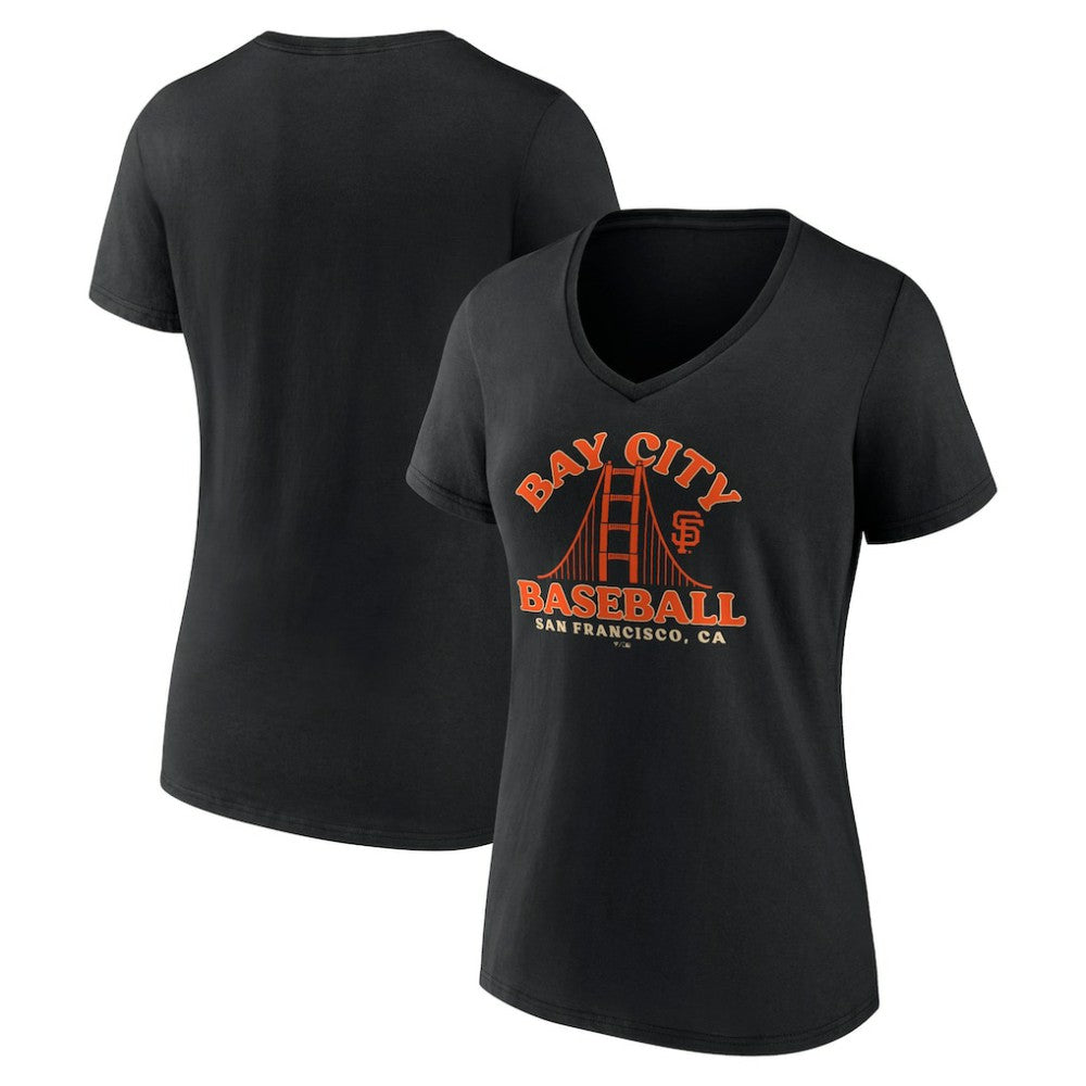 San Francisco Giants Women's Hometown Bay City Baseball V-Neck T-Shirt - Black T-shirts