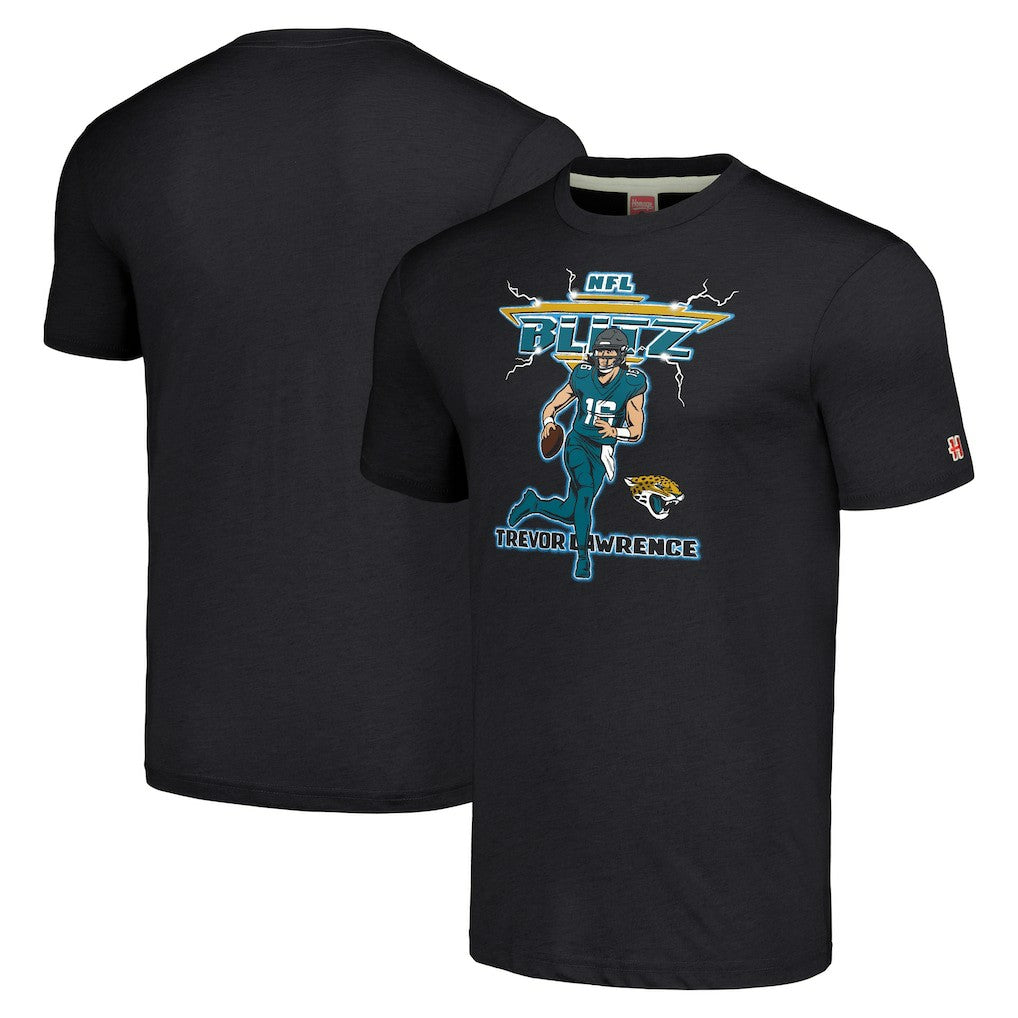 Trevor Lawrence Jacksonville Jaguars Homage Unisex NFL Blitz Player Tri-Blend T-Shirt - Charcoal T-shirts