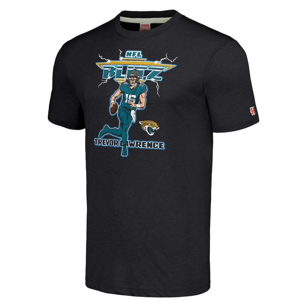Trevor Lawrence Jacksonville Jaguars Homage Unisex NFL Blitz Player Tri-Blend T-Shirt - Charcoal T-shirts