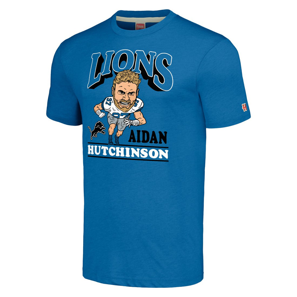Aidan Hutchinson Detroit Lions Homage Unisex Caricature Player Tri-Blend T-Shirt - Blue T-shirts