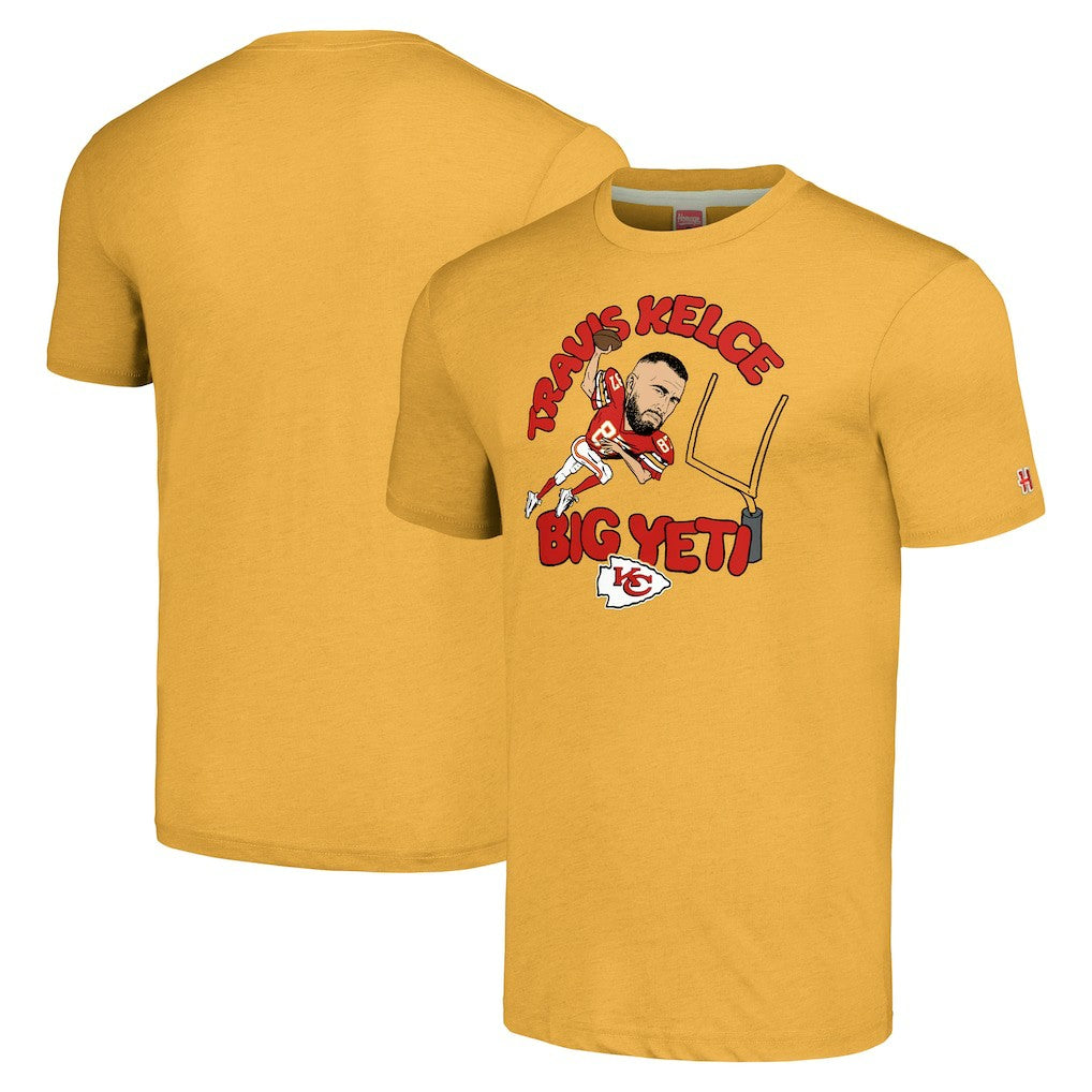 Travis Kelce Kansas City Chiefs Homage Unisex Caricature Player Tri-Blend T-Shirt - Gold T-shirts