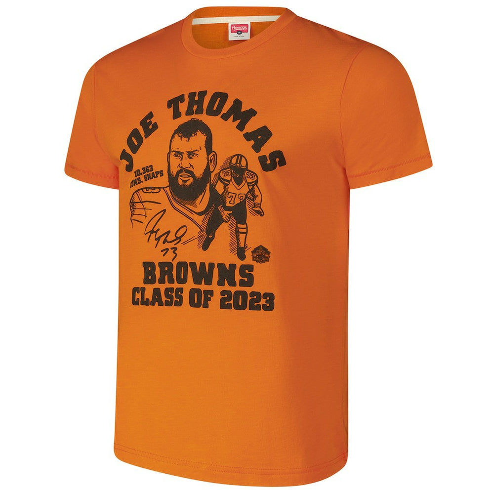 Joe Thomas Cleveland Browns Homage Unisex Caricature Retired Player Tri-Blend T-Shirt - Orange T-shirts