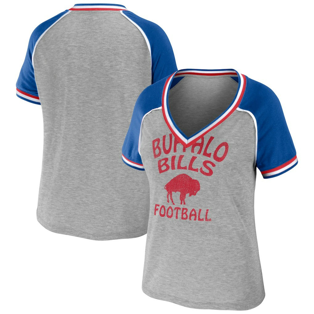 Buffalo Bills WEAR by Erin Andrews Women's Cropped Raglan Throwback V-Neck T-Shirt - Heather Gray T-shirts