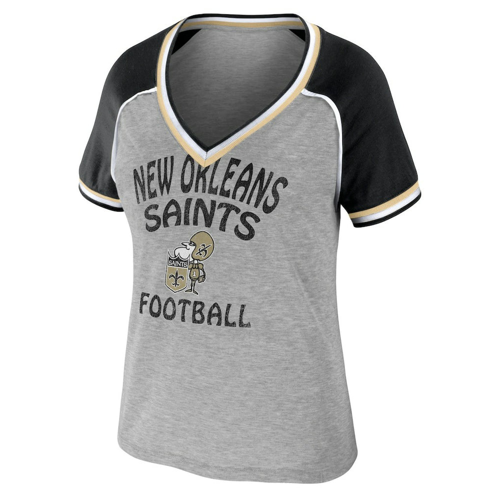 New Orleans Saints WEAR by Erin Andrews Women's Cropped Raglan Throwback V-Neck T-Shirt - Heather Gray T-shirts