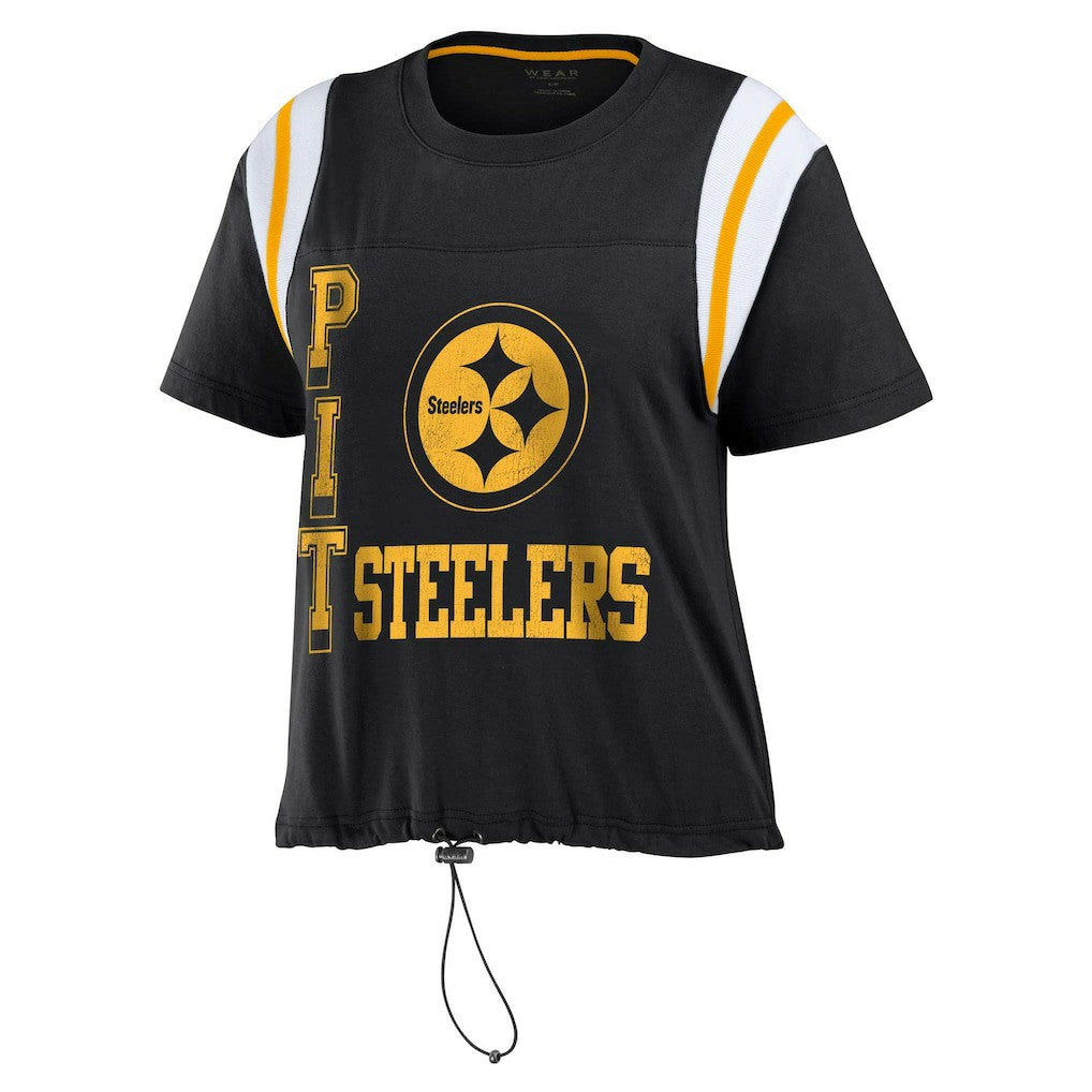 Pittsburgh Steelers WEAR by Erin Andrews Women's Cinched Colorblock T-Shirt - Black T-shirts
