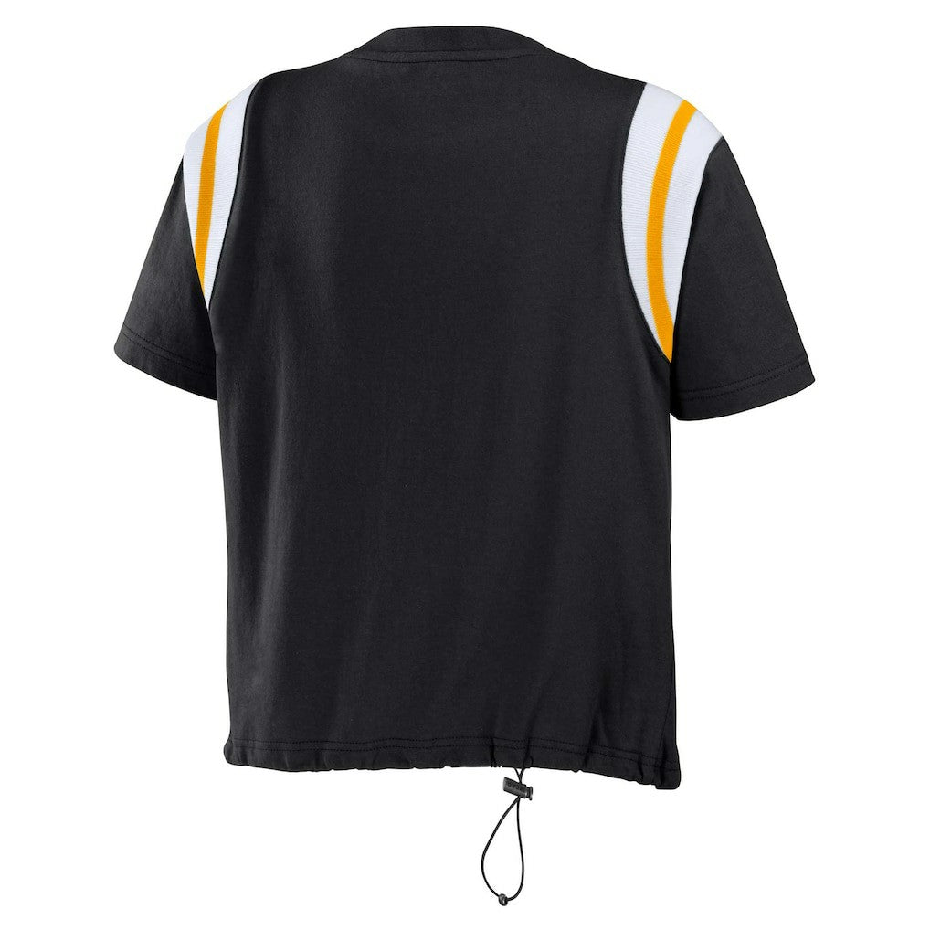 Pittsburgh Steelers WEAR by Erin Andrews Women's Cinched Colorblock T-Shirt - Black T-shirts