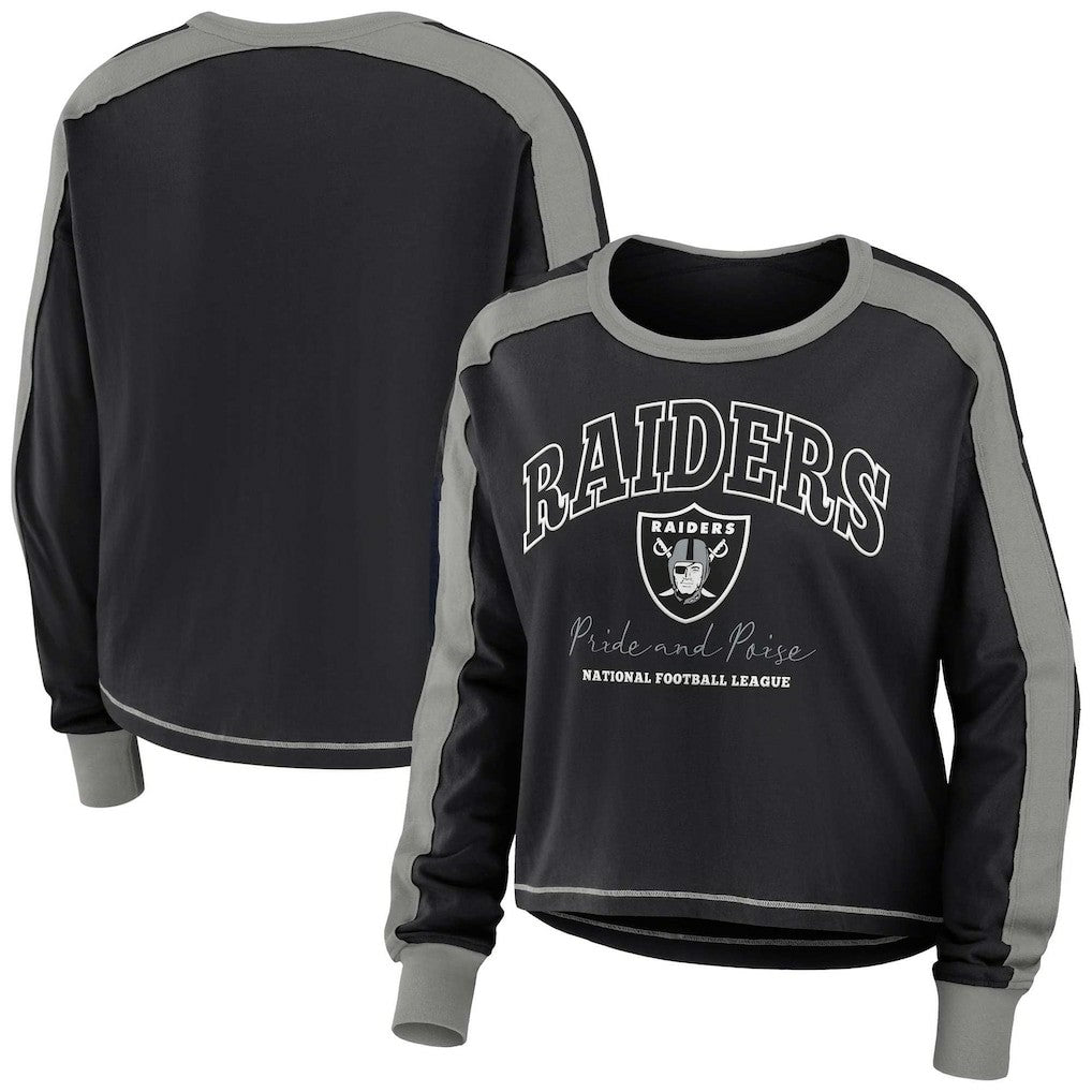 Las Vegas Raiders WEAR by Erin Andrews Women's Color Block Modest Crop Long Sleeve T-Shirt - Black/Silver T-shirts