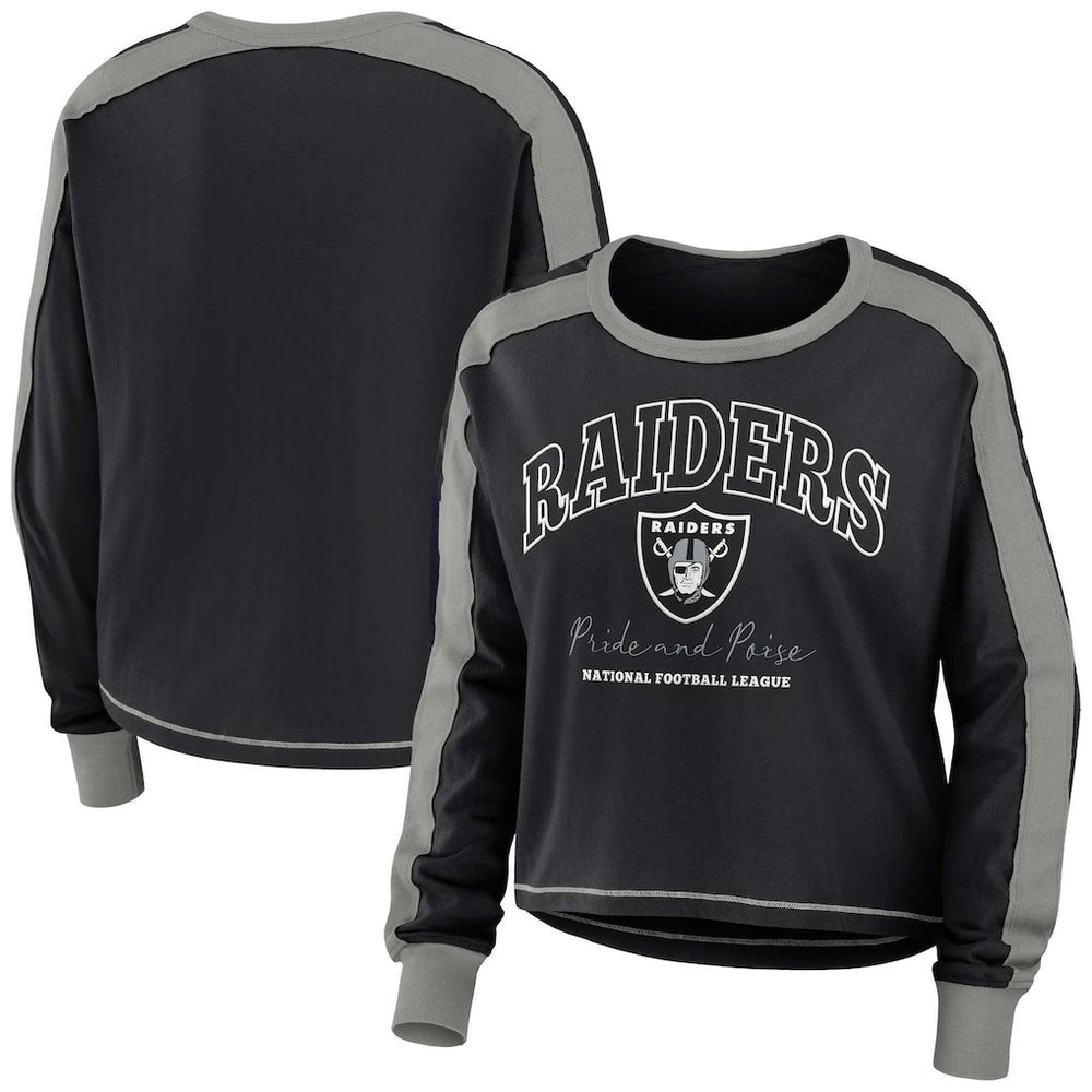 Las Vegas Raiders WEAR by Erin Andrews Women's Color Block Modest Crop Long Sleeve T-Shirt - Black/Silver T-shirts