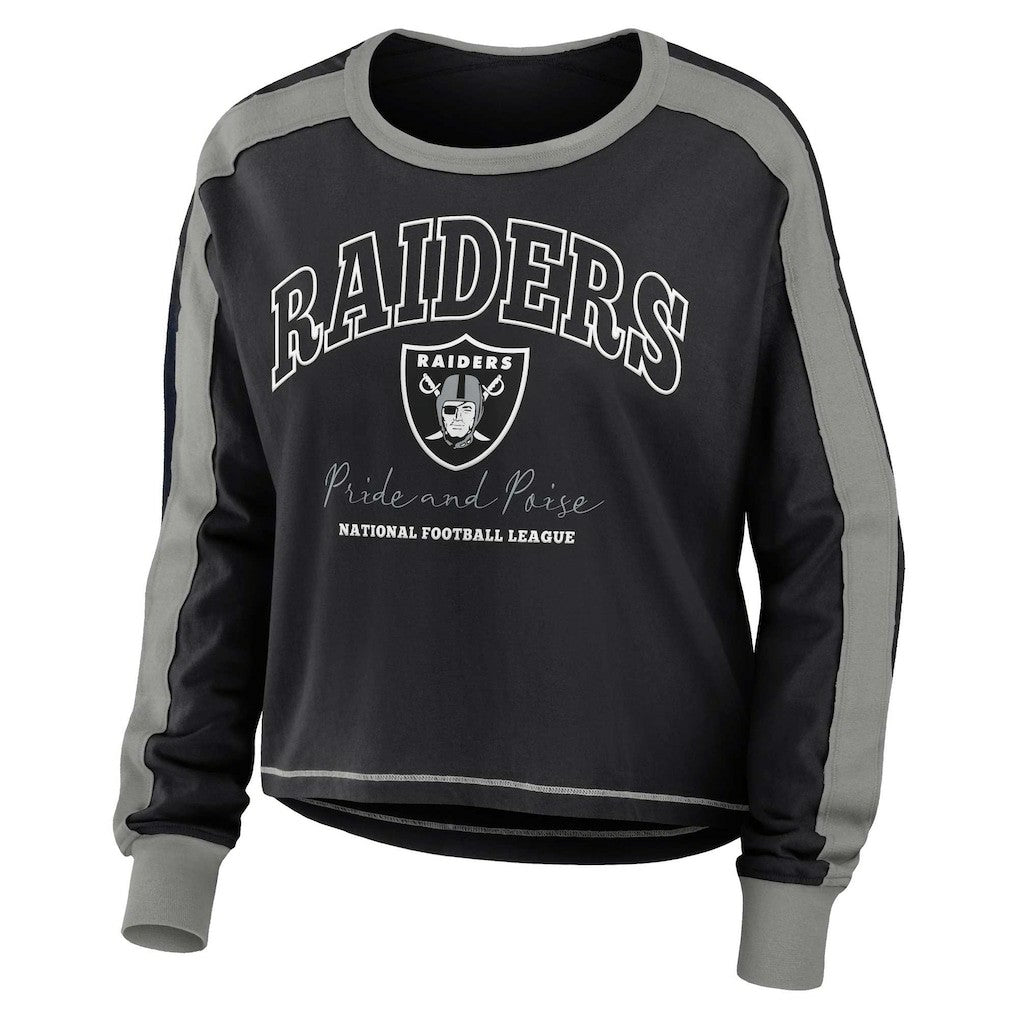 Las Vegas Raiders WEAR by Erin Andrews Women's Color Block Modest Crop Long Sleeve T-Shirt - Black/Silver T-shirts
