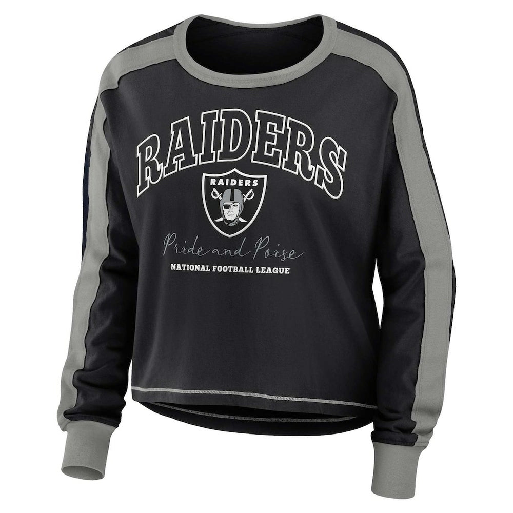 Las Vegas Raiders WEAR by Erin Andrews Women's Color Block Modest Crop Long Sleeve T-Shirt - Black/Silver T-shirts