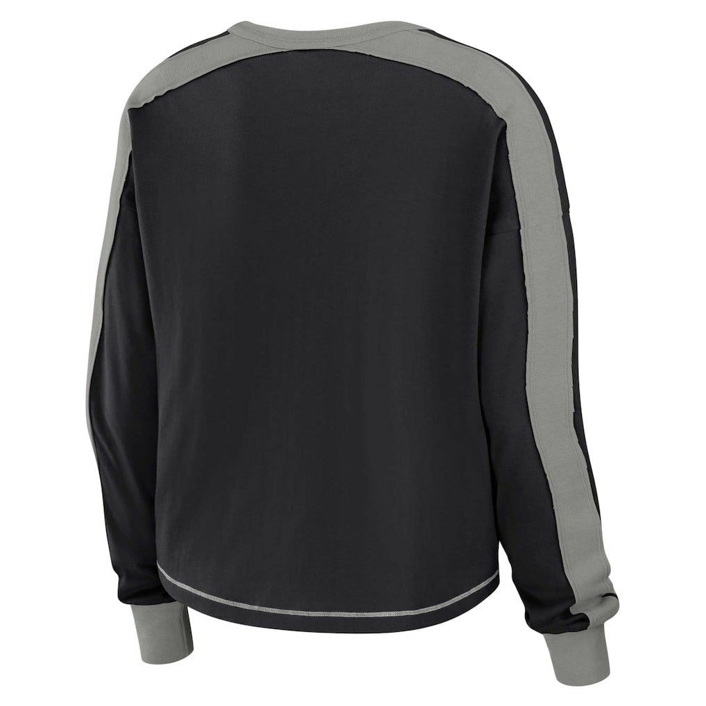 Las Vegas Raiders WEAR by Erin Andrews Women's Color Block Modest Crop Long Sleeve T-Shirt - Black/Silver T-shirts